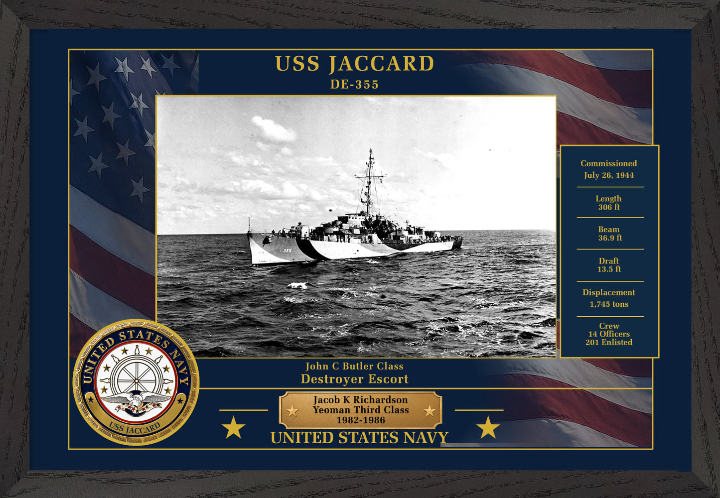 USS Jaccard DE-355 Framed Patriotic Photo