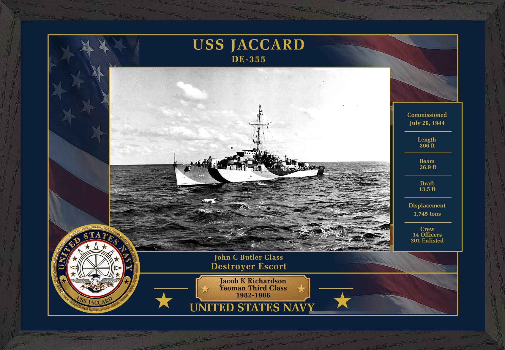 USS Jaccard DE-355 Framed Patriotic Photo