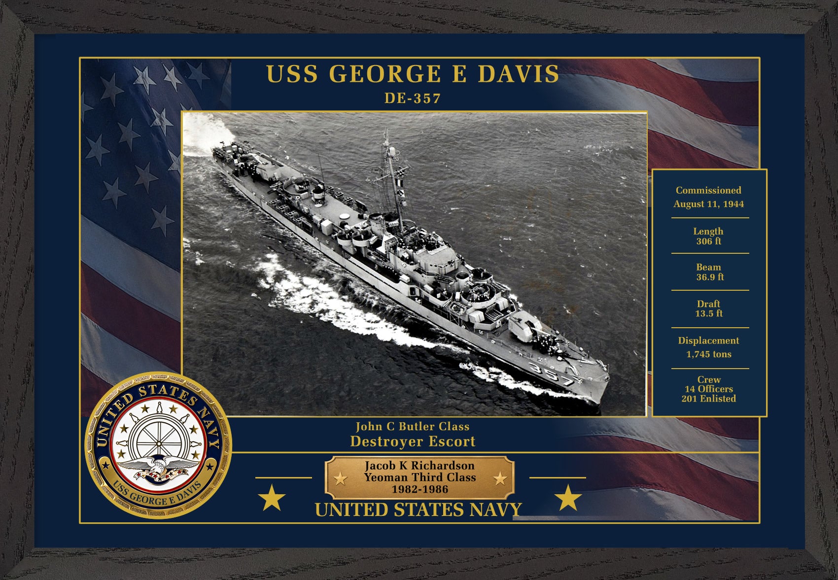 USS George E Davis DE-357 Framed Patriotic Photo
