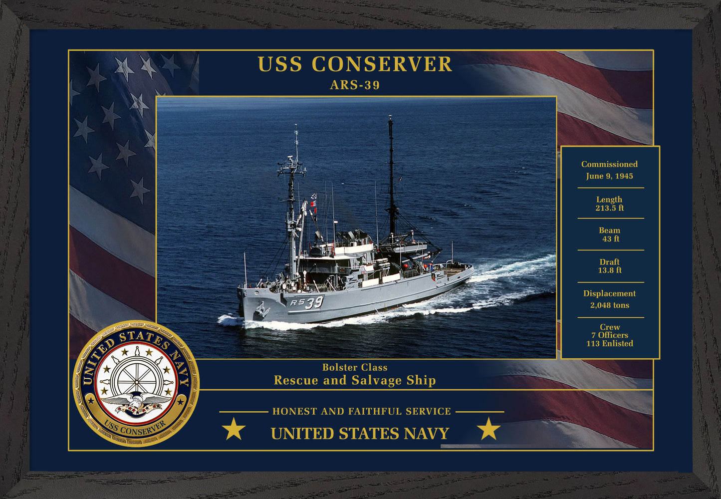 USS Conserver ARS-39 Framed Patriotic Photo