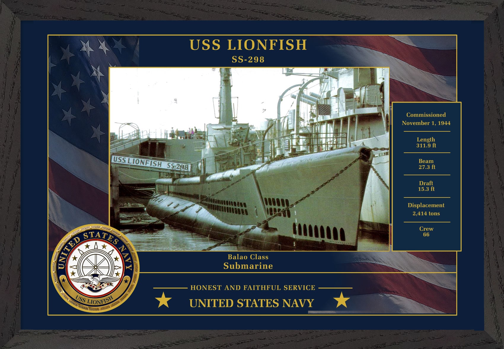 USS Lionfish SS-298 Framed Patriotic Photo