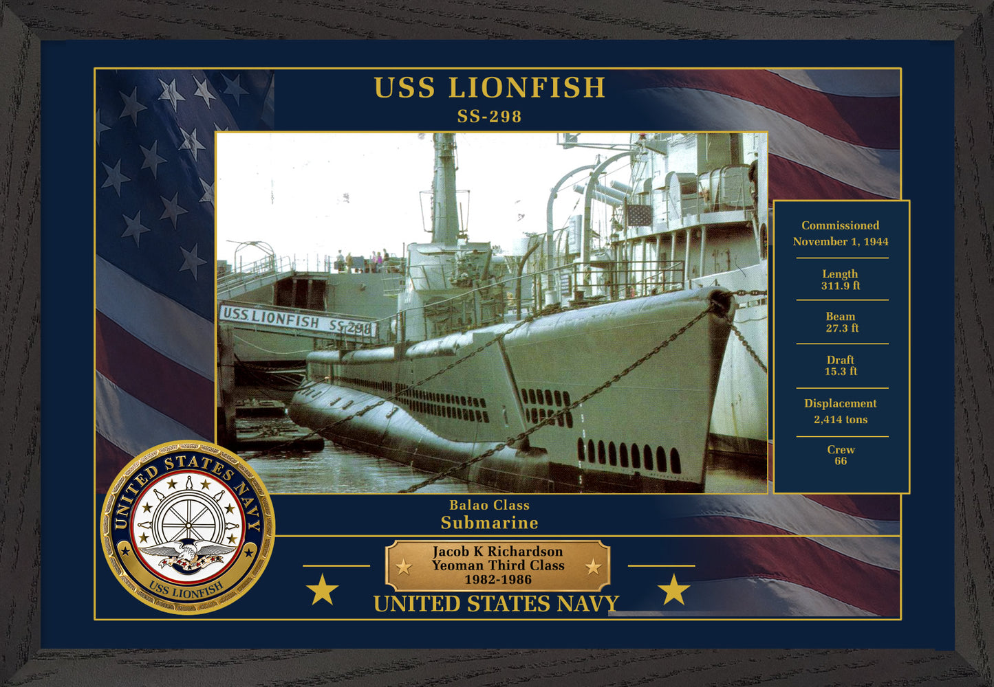 USS Lionfish SS-298 Framed Patriotic Photo