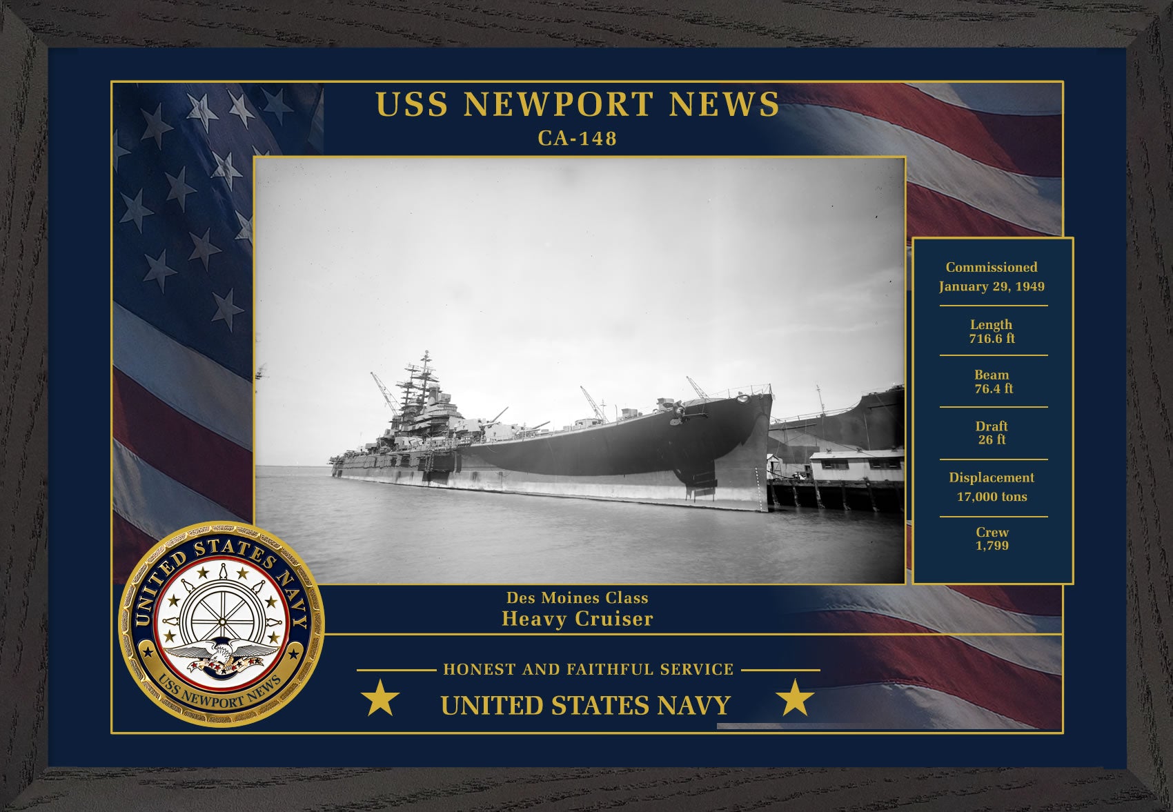 USS Newport News CA-148 Framed Patriotic Photo