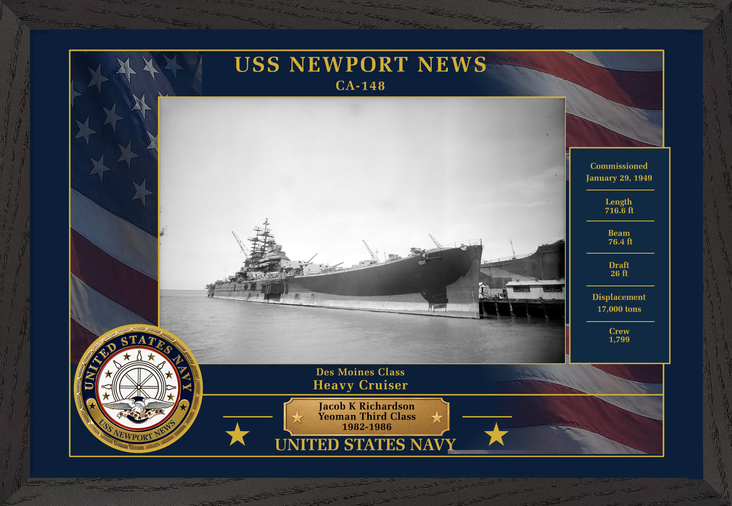 USS Newport News CA-148 Framed Patriotic Photo