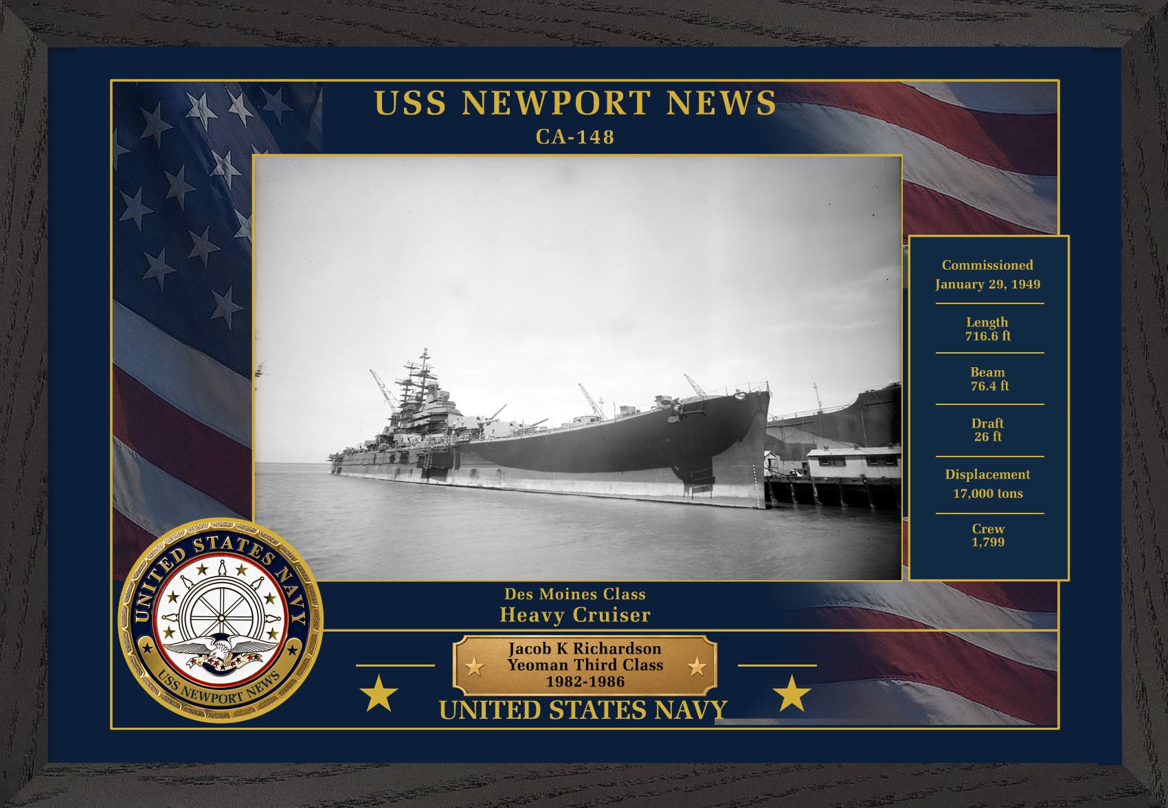 USS Newport News CA-148 Framed Patriotic Photo