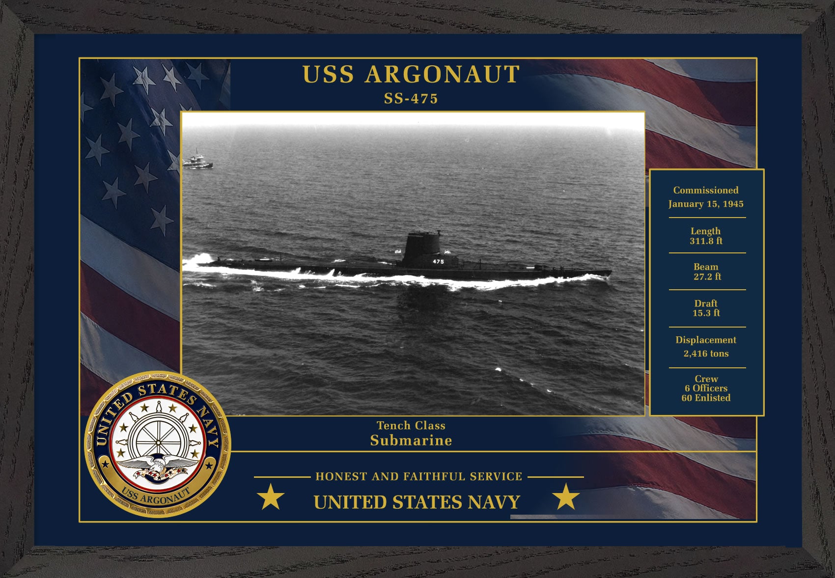 USS Argonaut SS-475 Framed Patriotic Photo