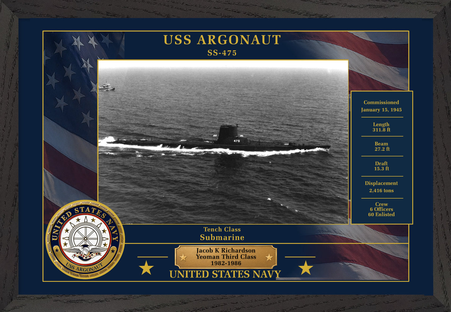 USS Argonaut SS-475 Framed Patriotic Photo