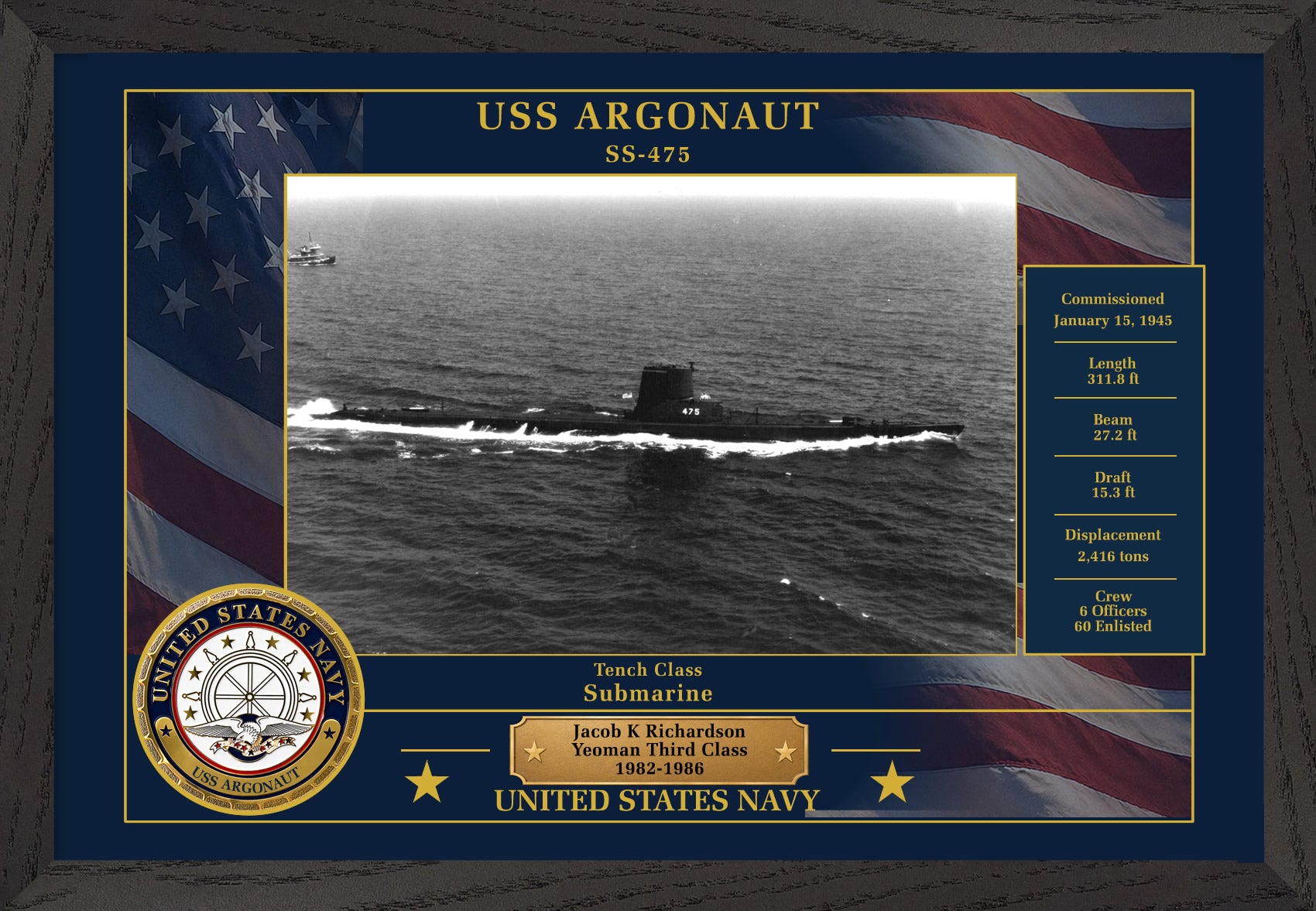 USS Argonaut SS-475 Framed Patriotic Photo