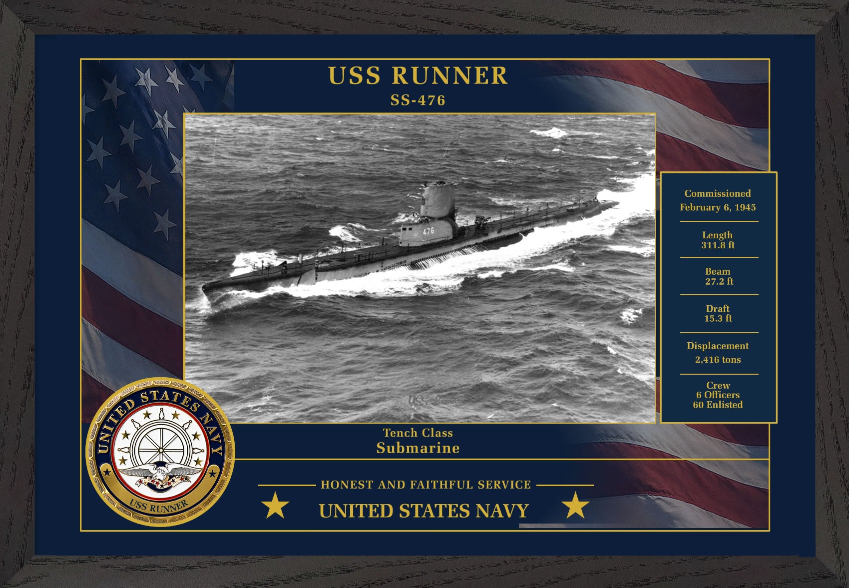 USS Runner SS-476 Framed Patriotic Photo