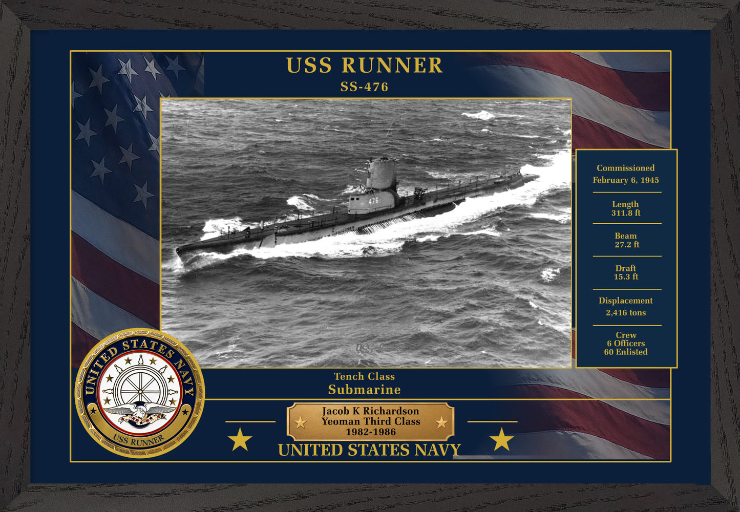 USS Runner SS-476 Framed Patriotic Photo