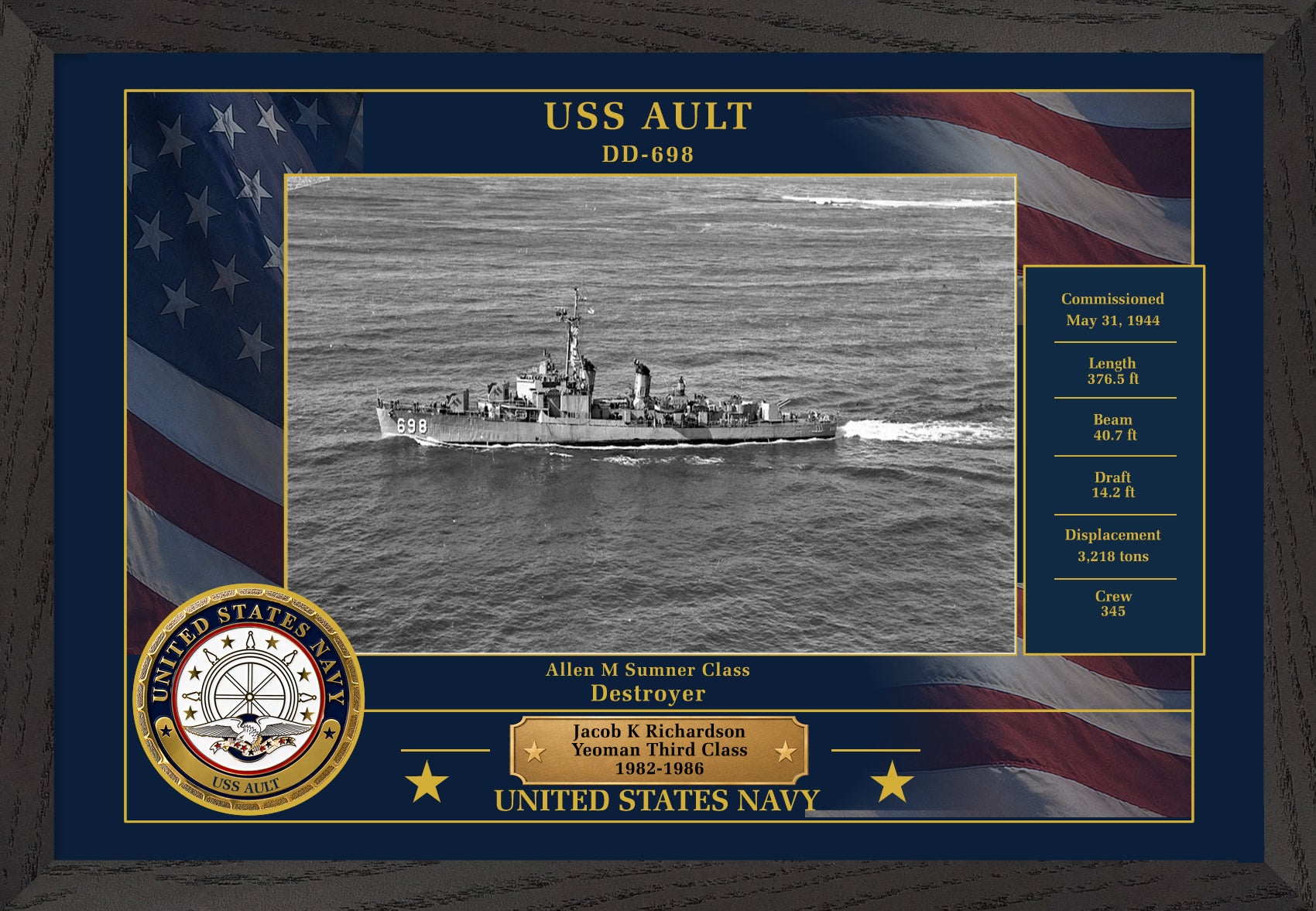 USS Ault DD-698 Framed Patriotic Photo