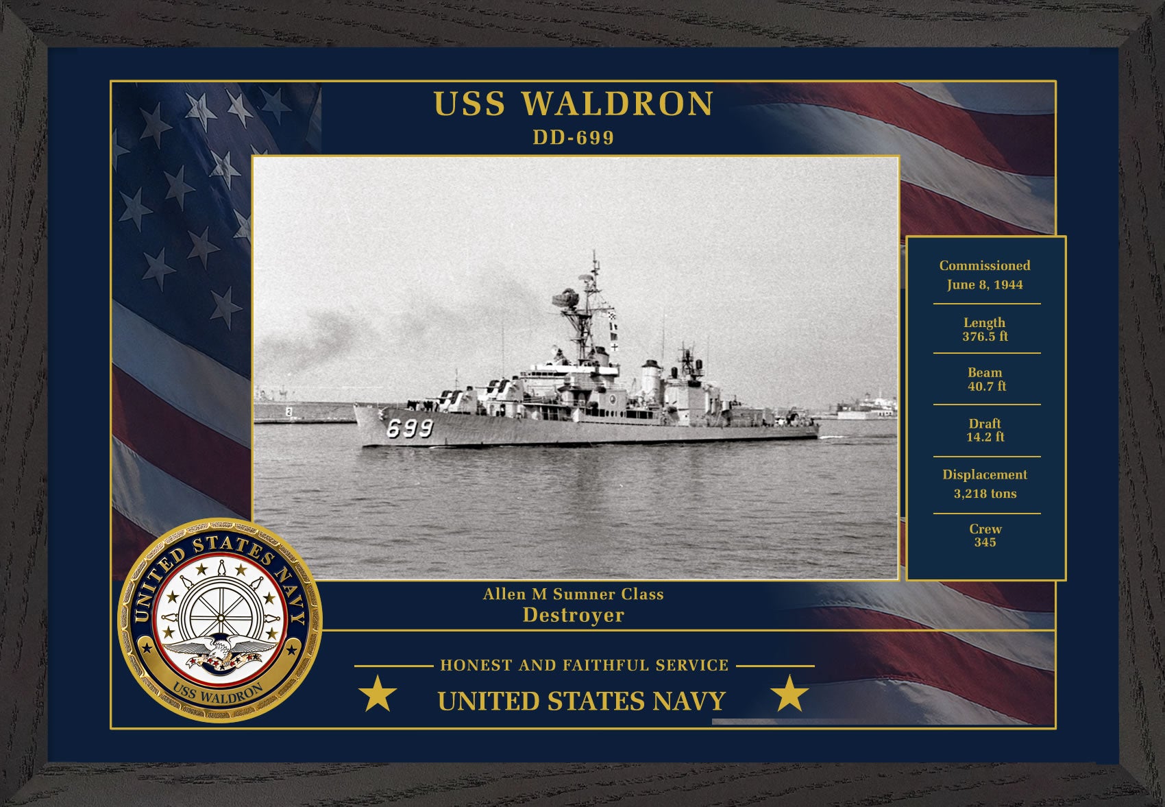 USS Waldron DD-699 Framed Patriotic Photo