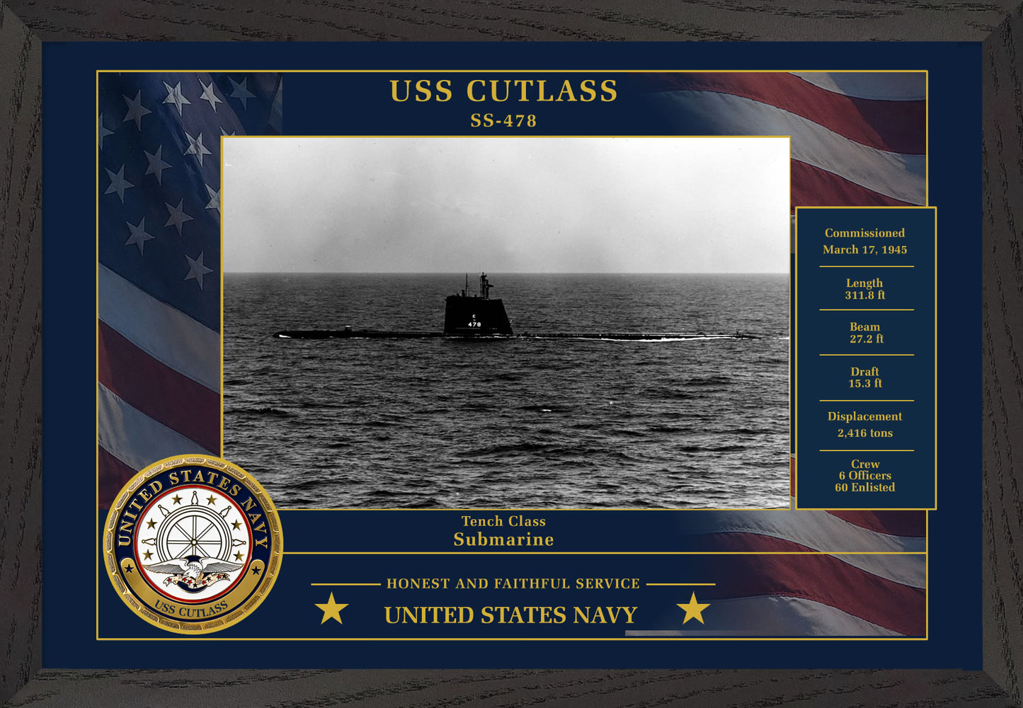 USS Cutlass SS-478 Framed Patriotic Photo