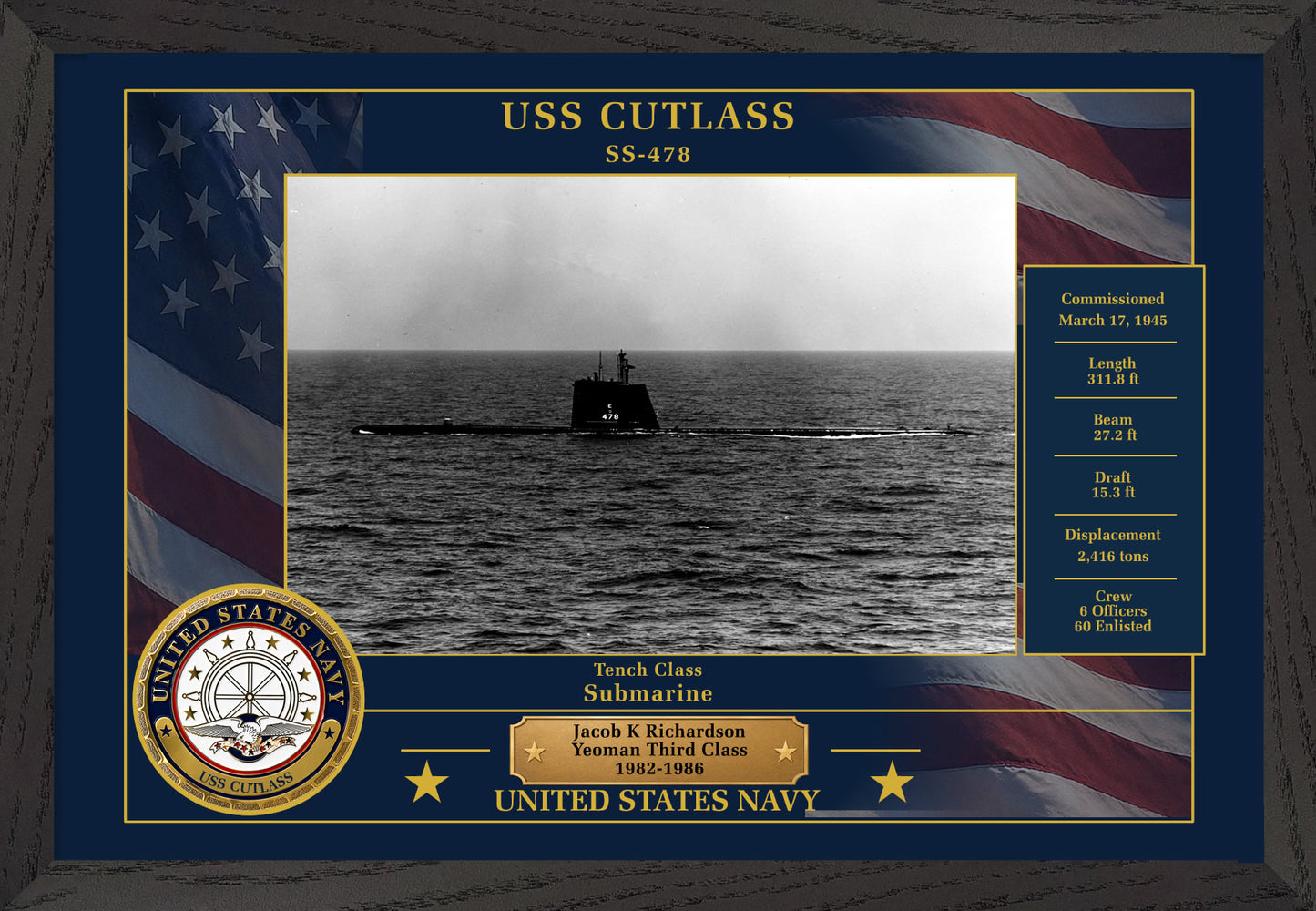 USS Cutlass SS-478 Framed Patriotic Photo