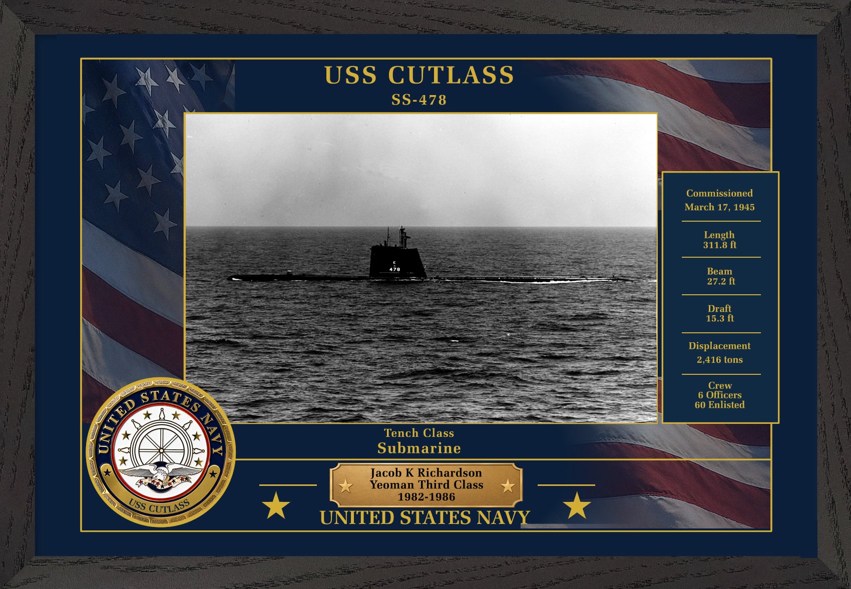 USS Cutlass SS-478 Framed Patriotic Photo