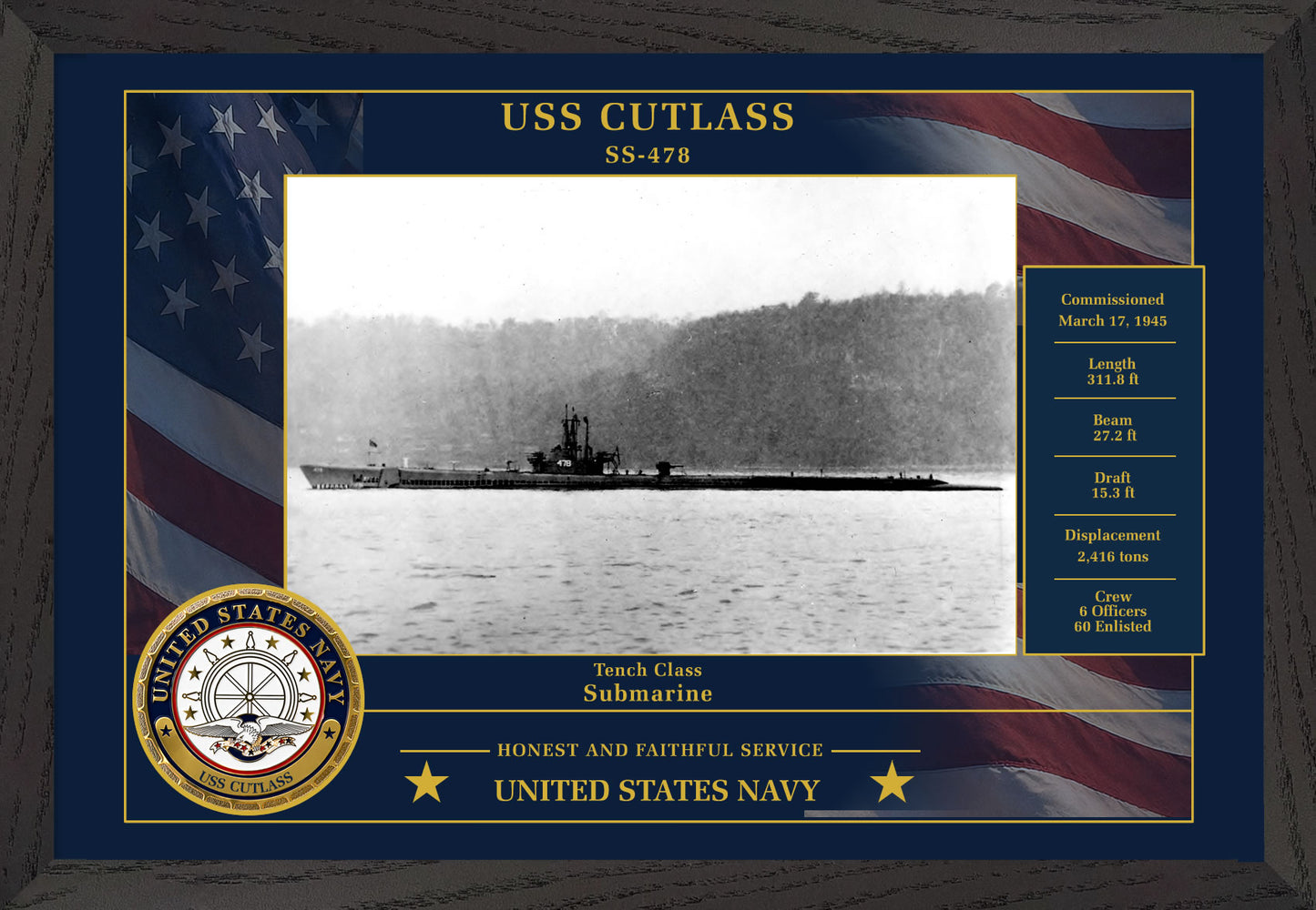 USS Cutlass SS-478 Framed Patriotic Photo