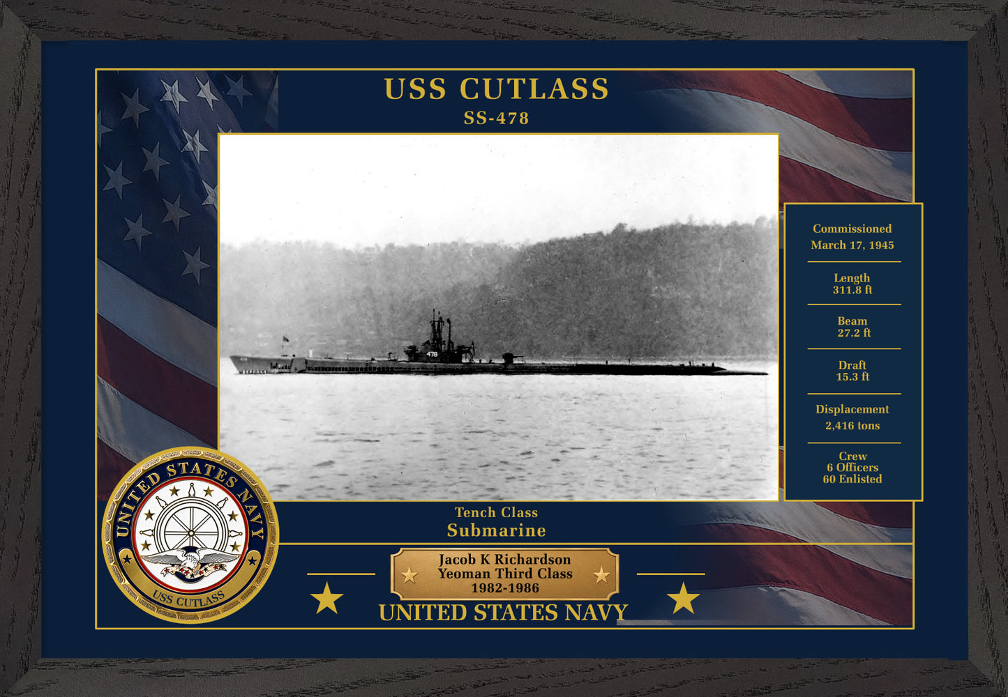 USS Cutlass SS-478 Framed Patriotic Photo