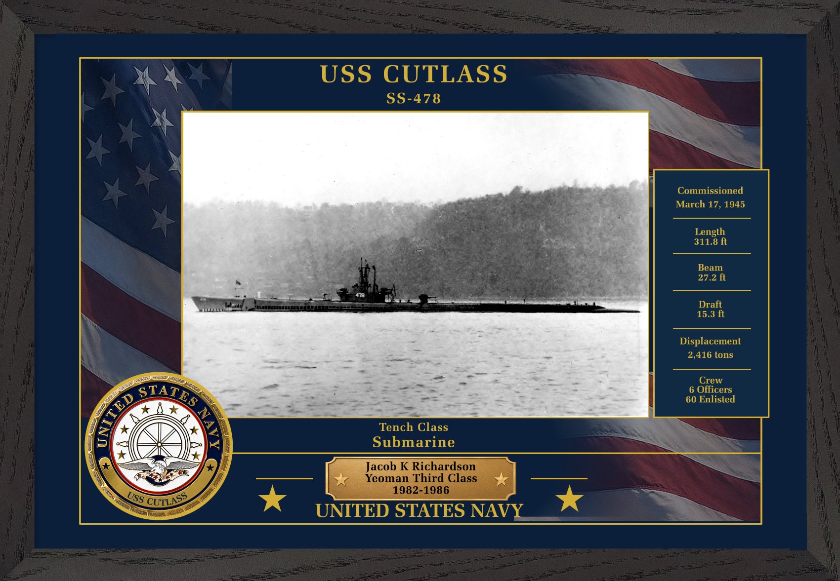 USS Cutlass SS-478 Framed Patriotic Photo
