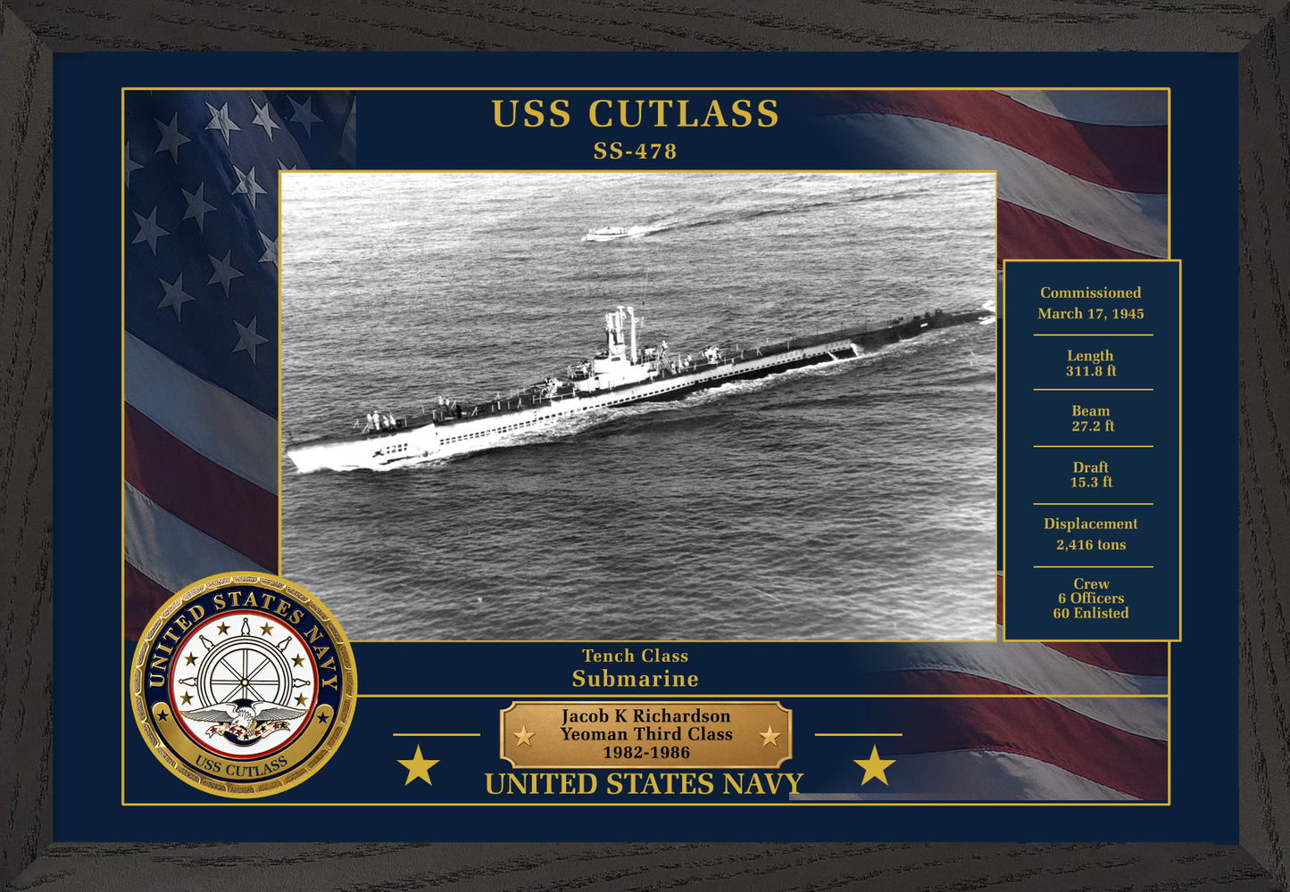 USS Cutlass SS-478 Framed Patriotic Photo