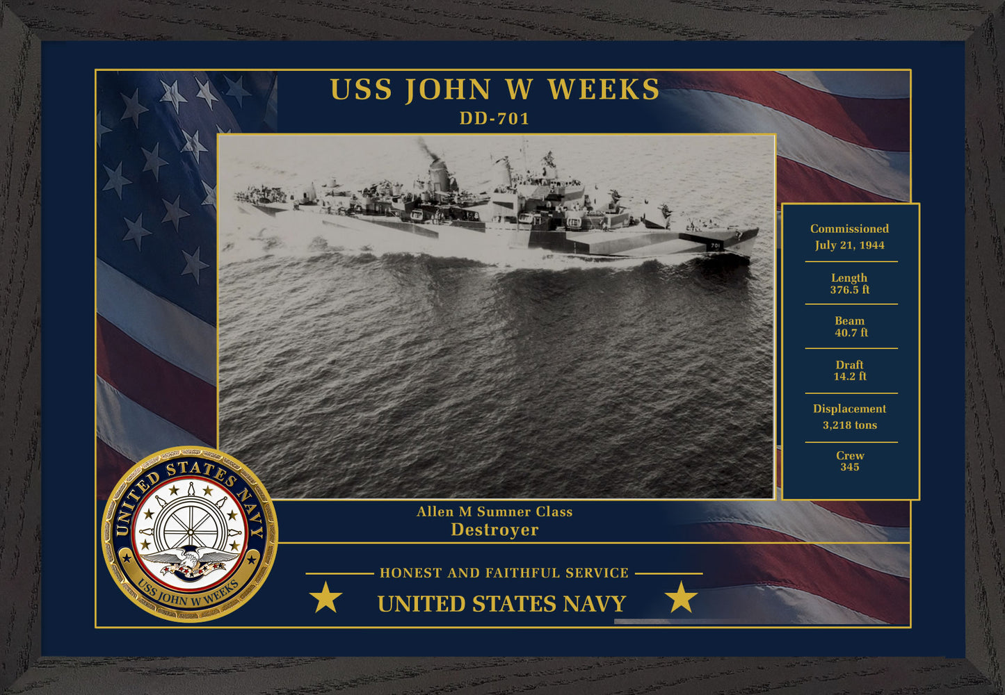 USS John W Weeks DD-701 Framed Patriotic Photo