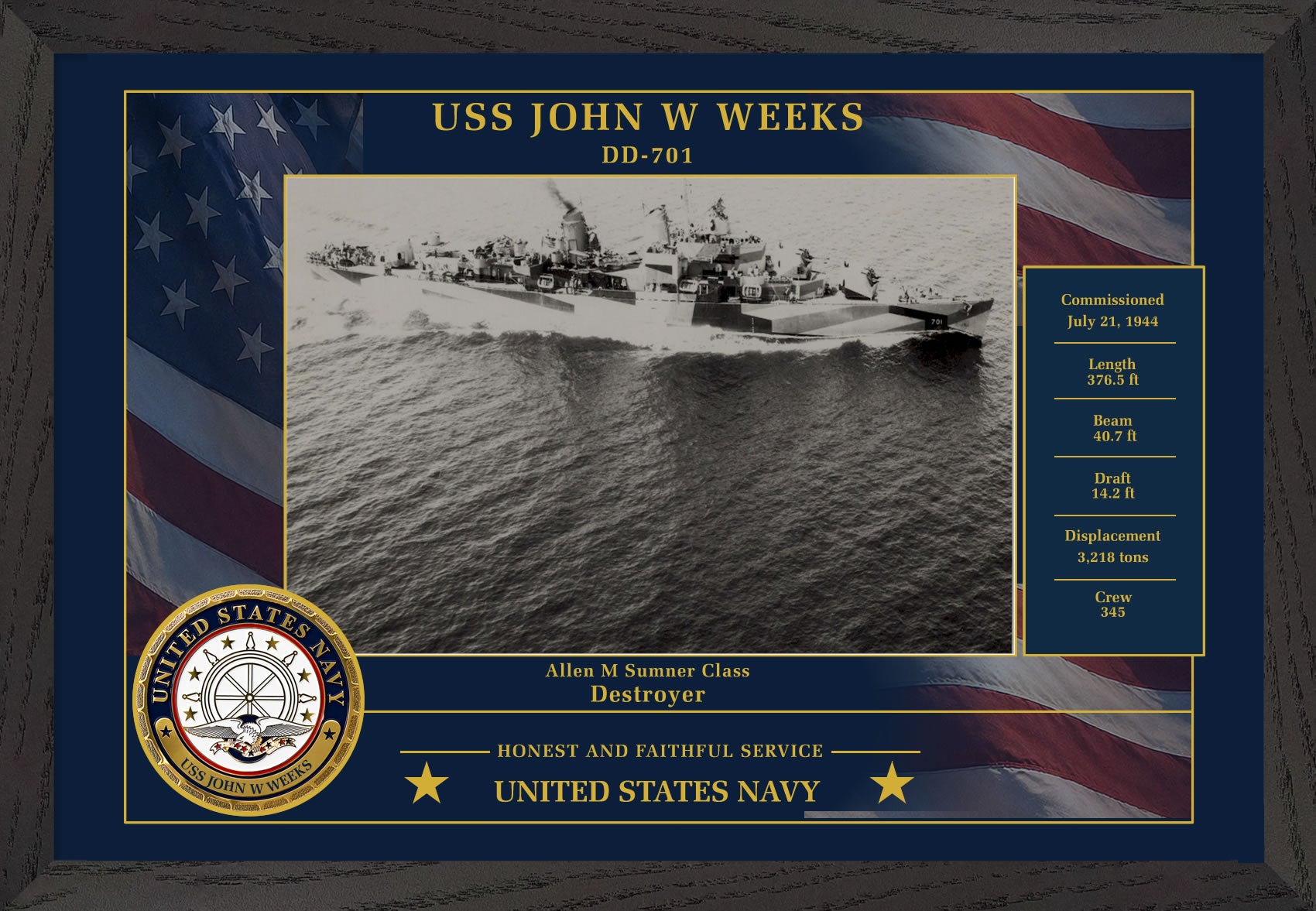 USS John W Weeks DD-701 Framed Patriotic Photo