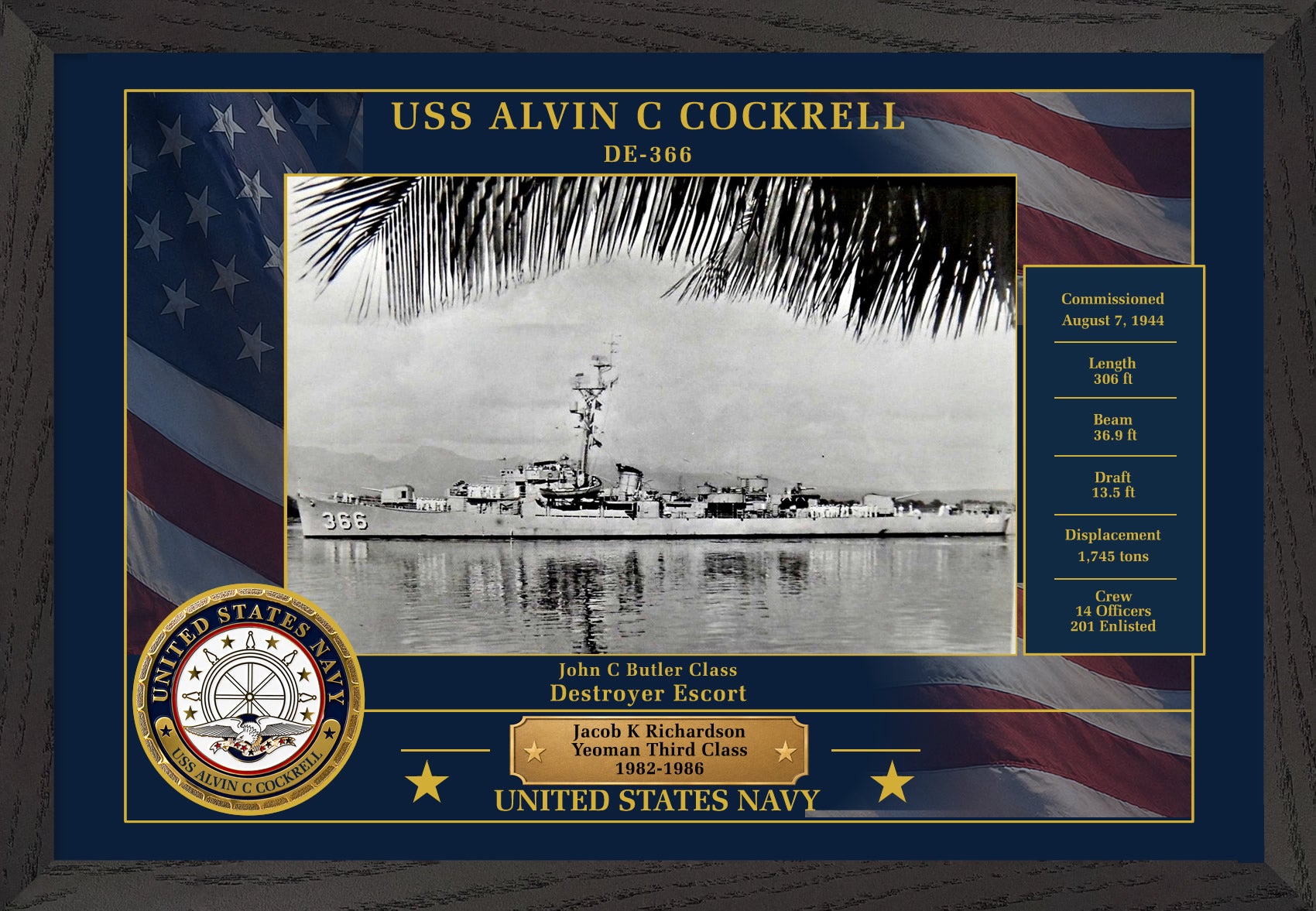 USS Alvin C Cockrell DE-366 Framed Patriotic Photo