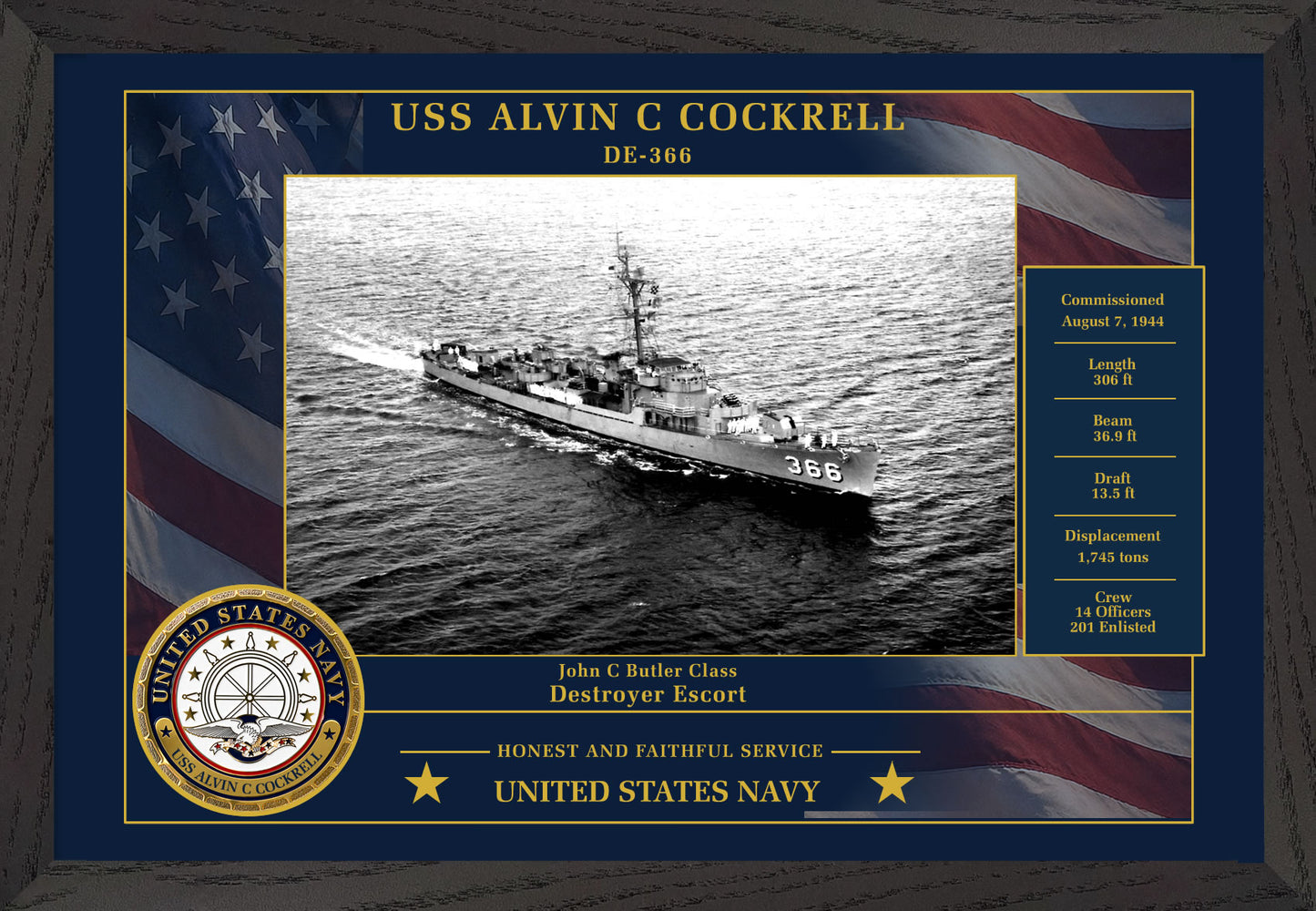 USS Alvin C Cockrell DE-366 Framed Patriotic Photo
