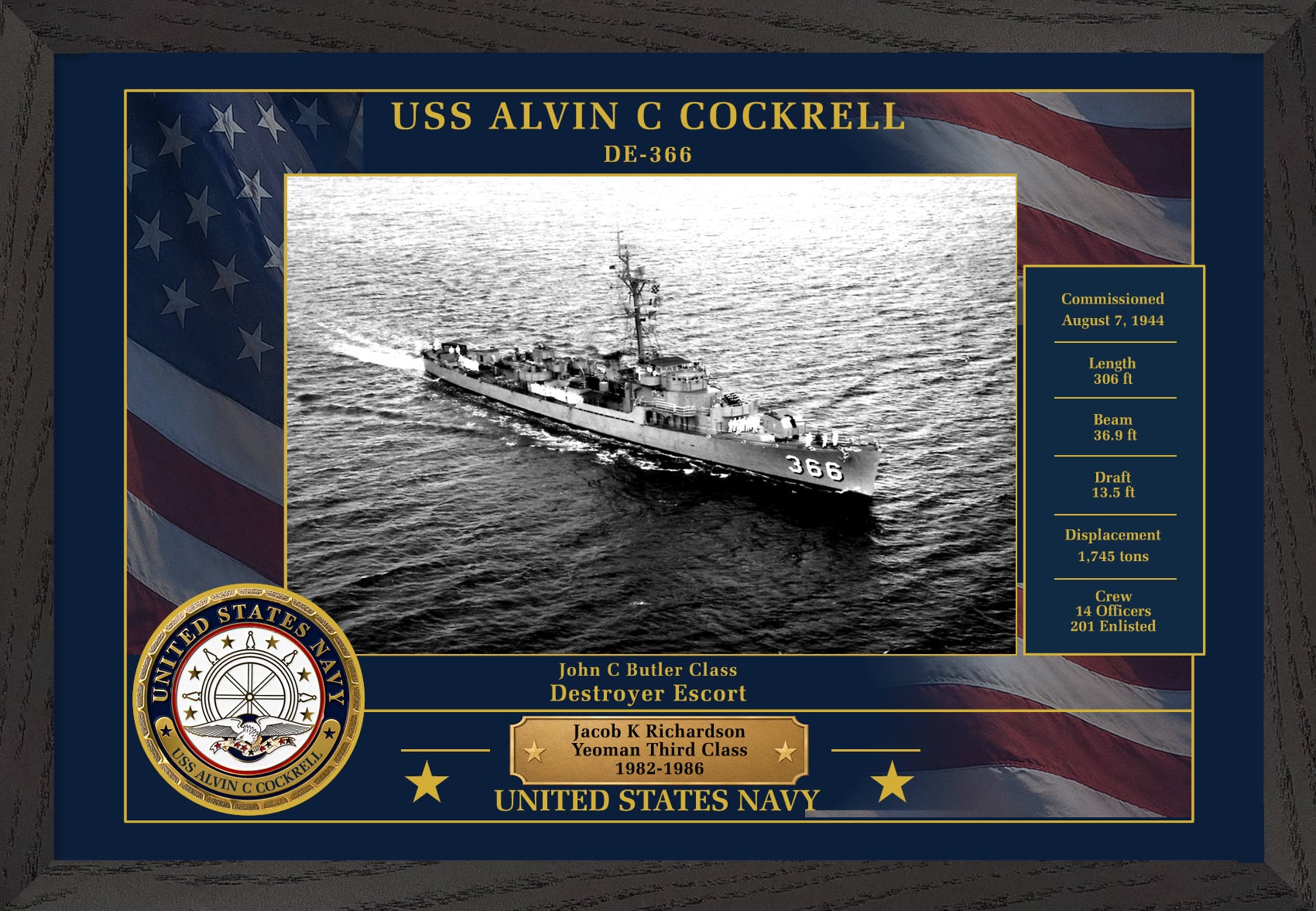 USS Alvin C Cockrell DE-366 Framed Patriotic Photo