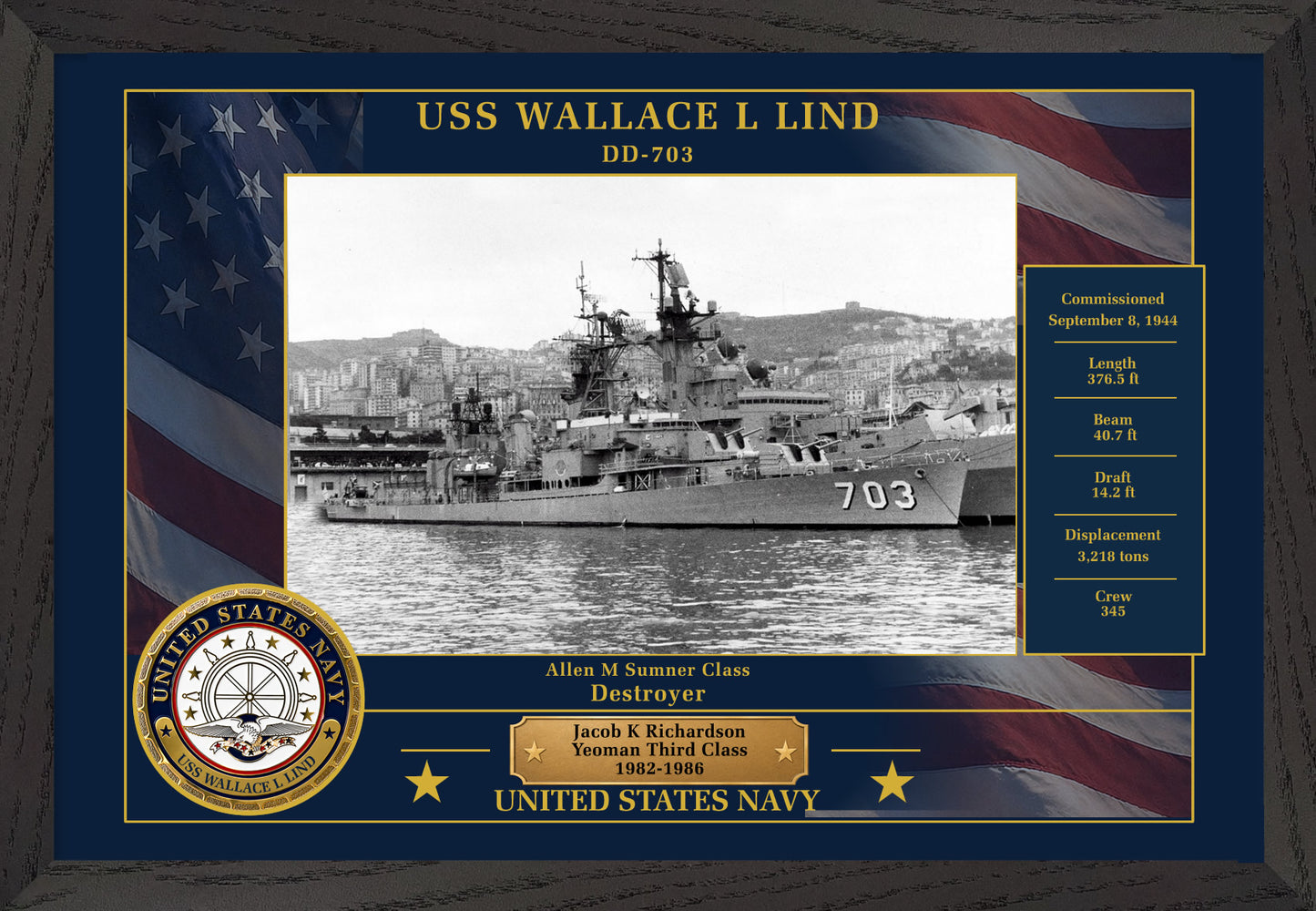 USS Wallace L Lind DD-703 Framed Patriotic Photo