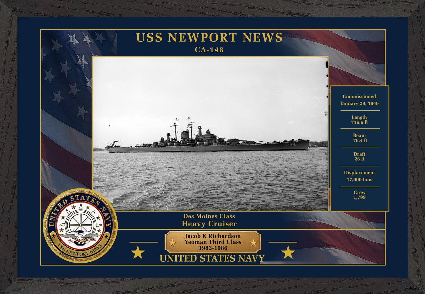 USS Newport News CA-148 Framed Patriotic Photo