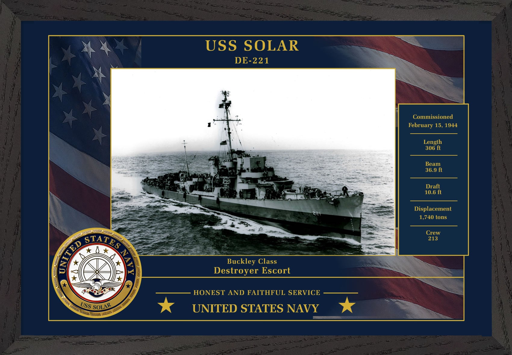 USS Solar DE-221 Framed Patriotic Photo