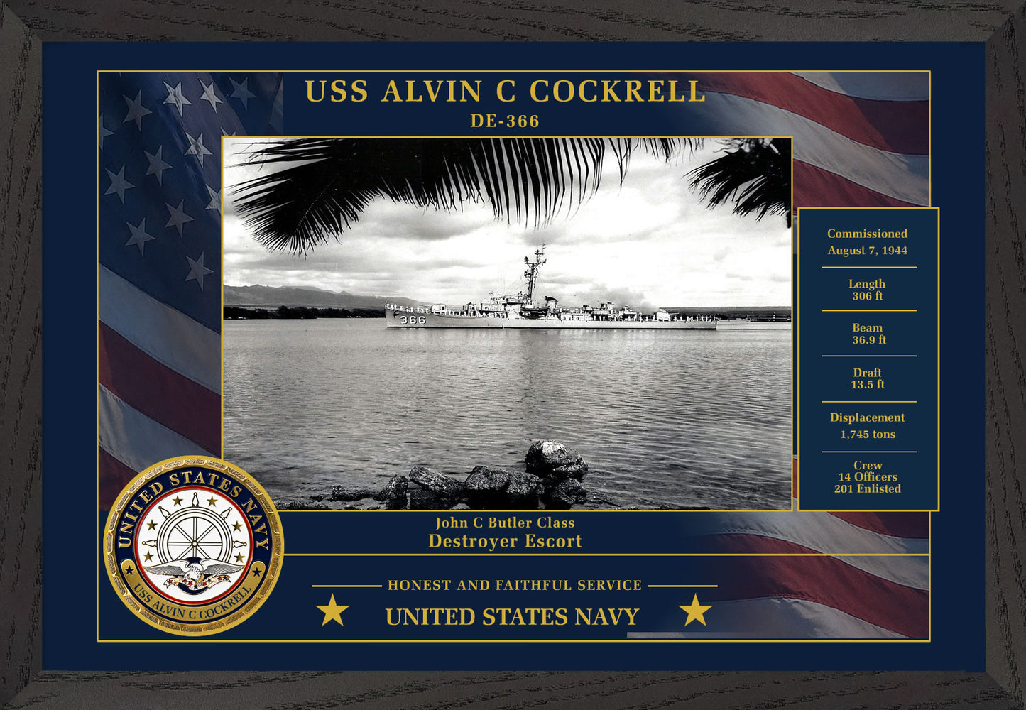 USS Alvin C Cockrell DE-366 Framed Patriotic Photo
