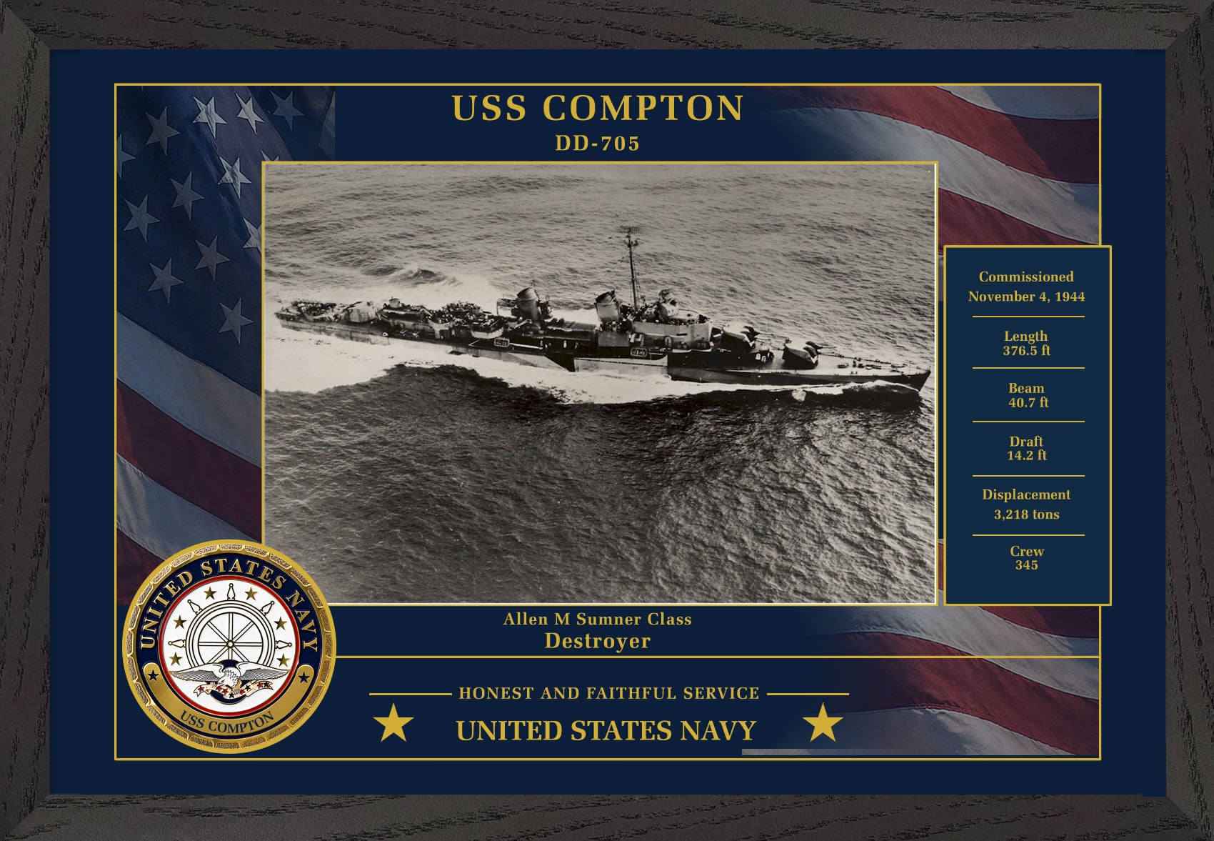 USS Compton DD-705 Framed Patriotic Photo
