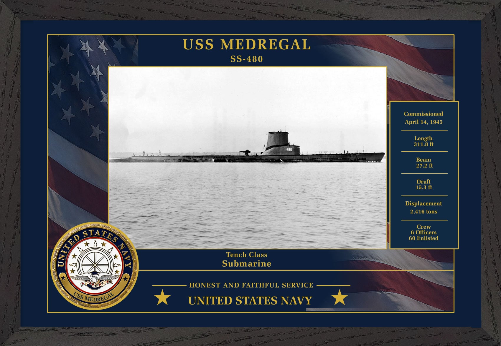 USS Medregal SS-480 Framed Patriotic Photo