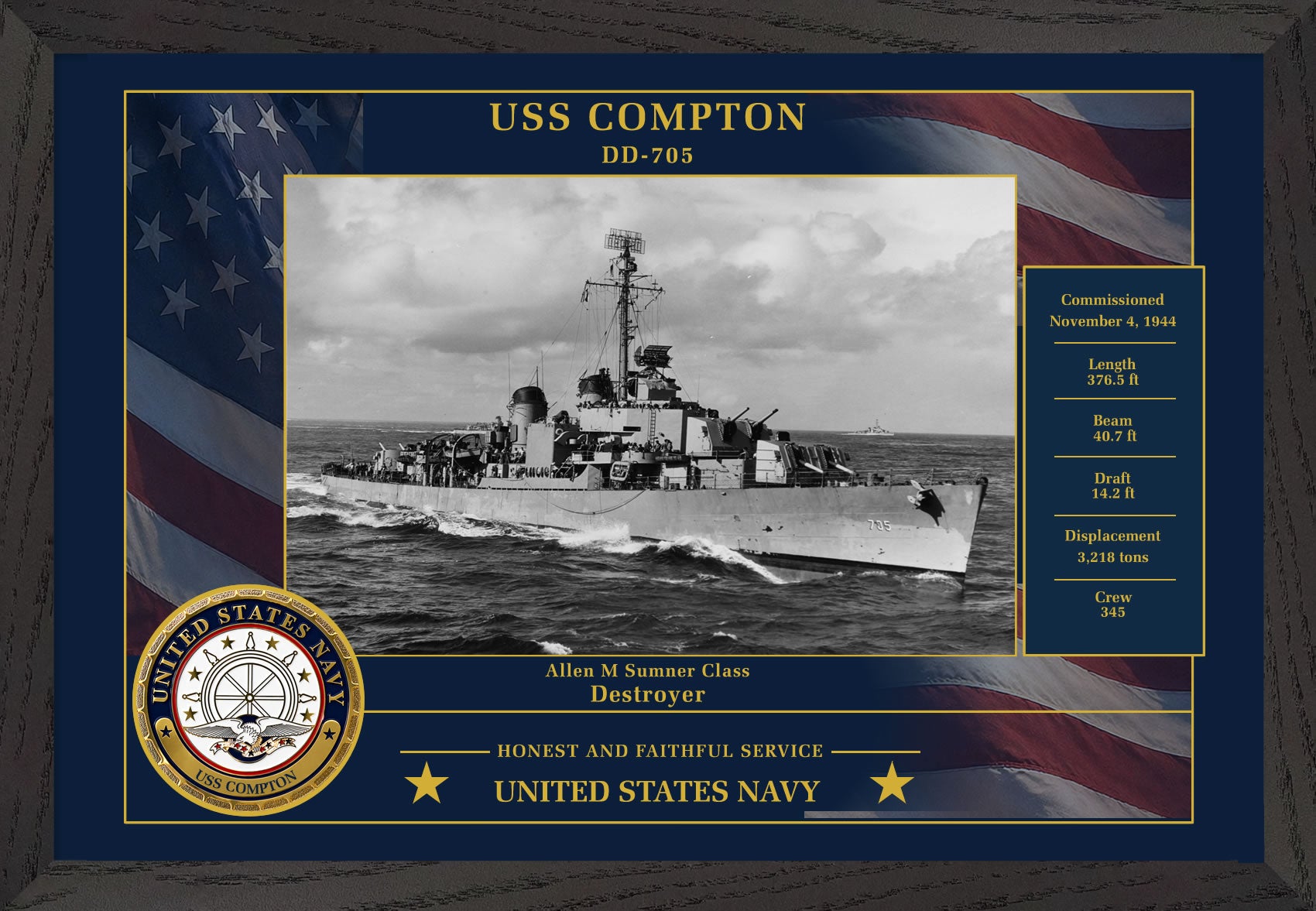 USS Compton DD-705 Framed Patriotic Photo
