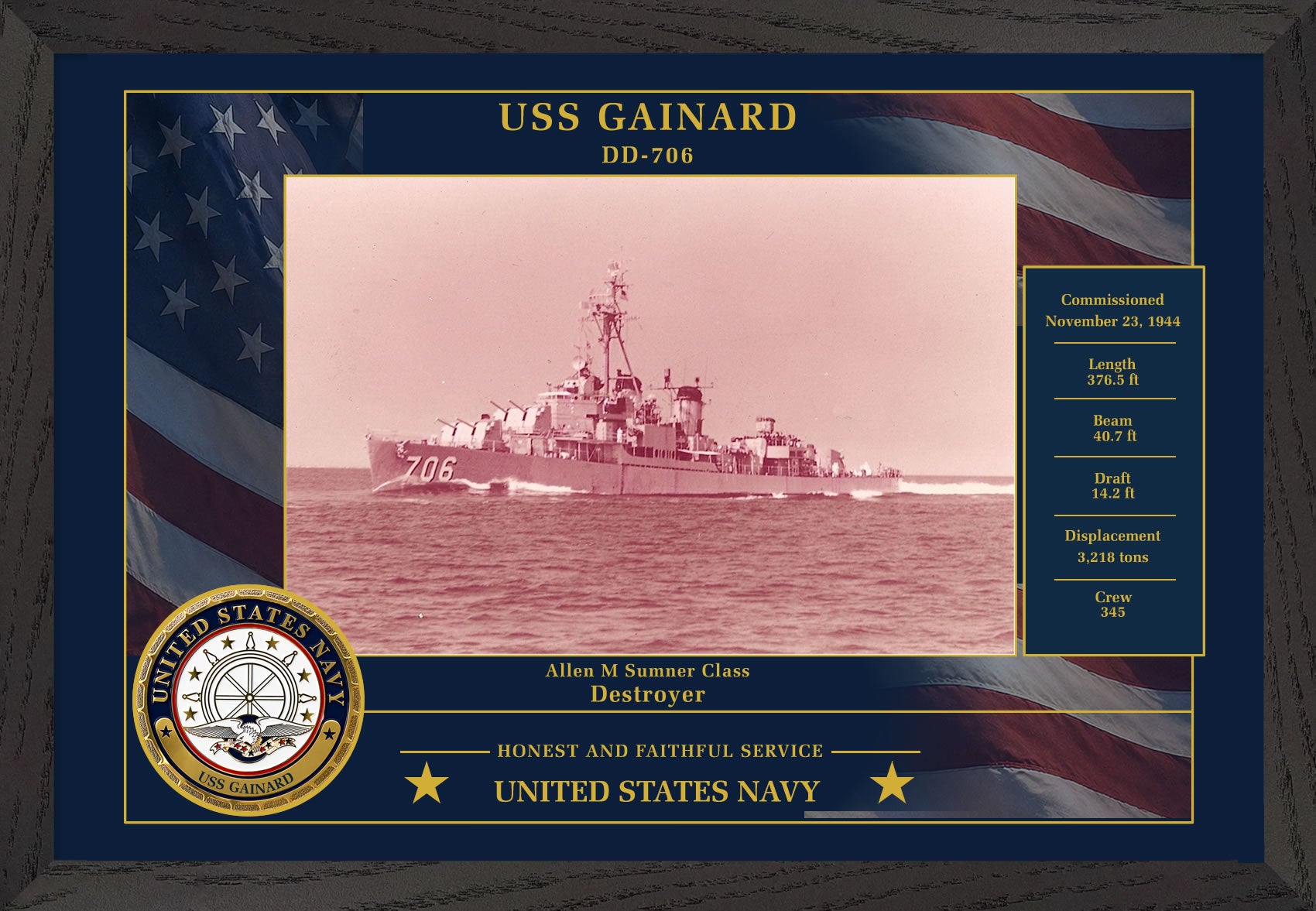 USS Gainard DD-706 Framed Patriotic Photo