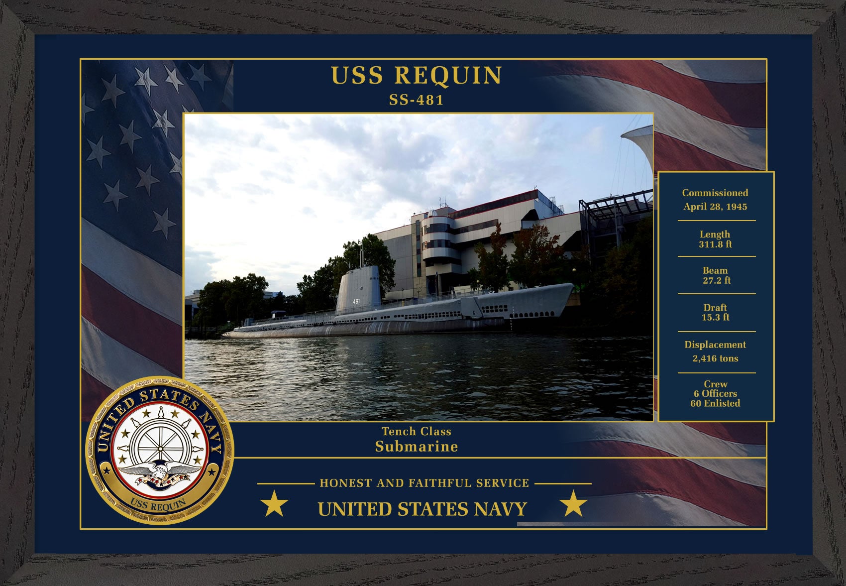 USS Requin SS-481 Framed Patriotic Photo