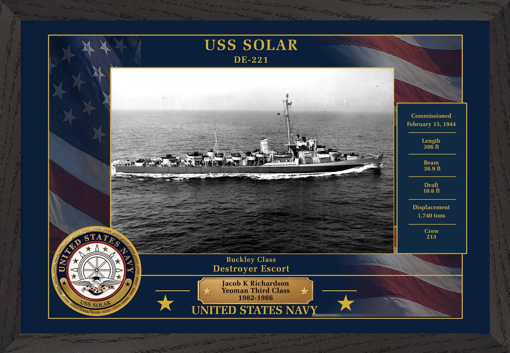 USS Solar DE-221 Framed Patriotic Photo