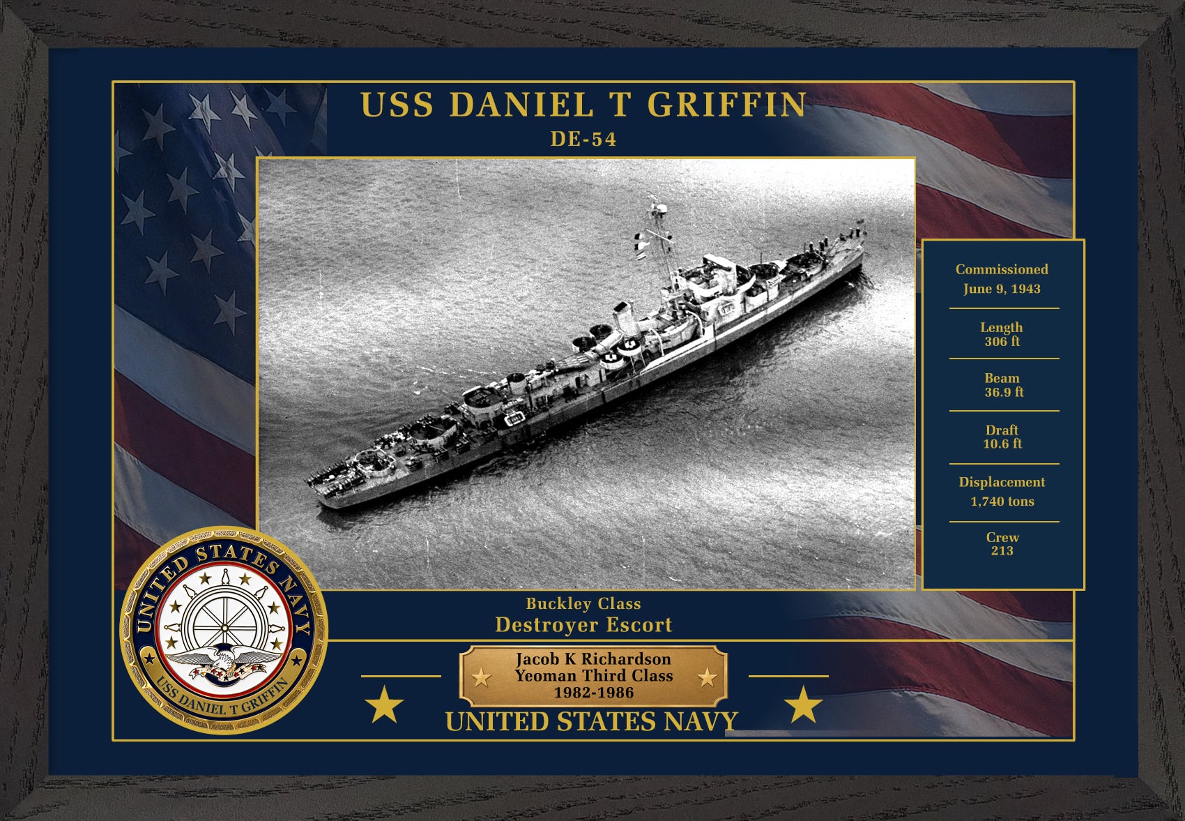 USS Daniel T Griffin DE-54 Framed Patriotic Photo