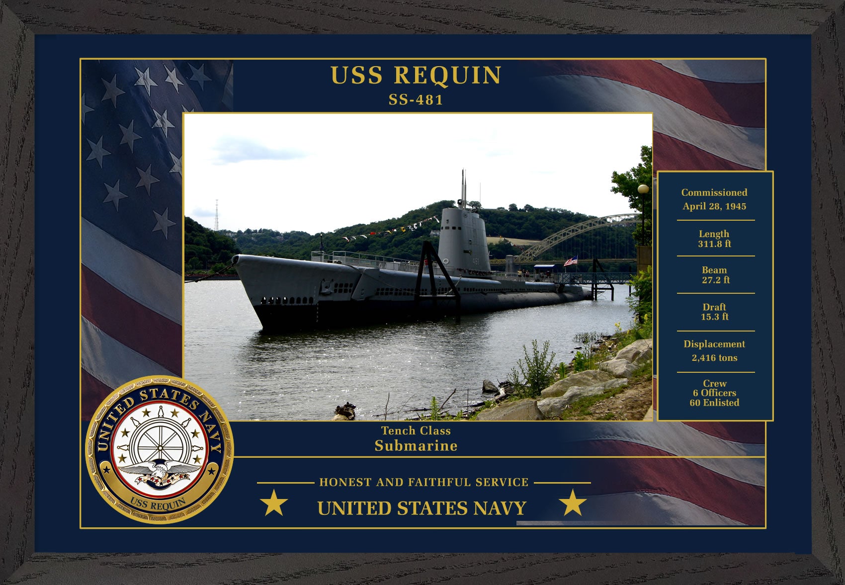 USS Requin SS-481 Framed Patriotic Photo
