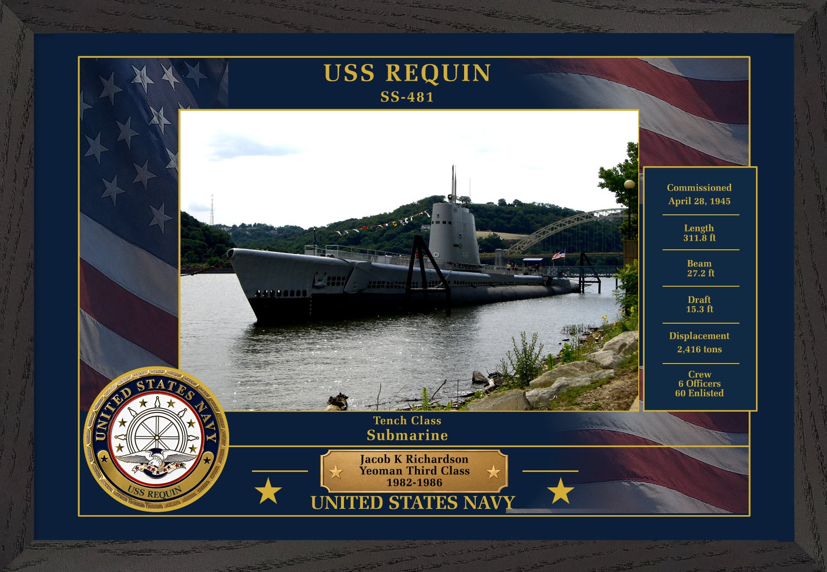 USS Requin SS-481 Framed Patriotic Photo