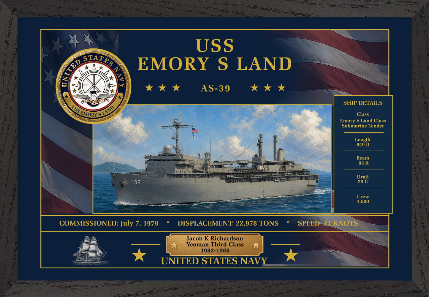 USS Emory S Land AS-39 Framed Patriotic Art