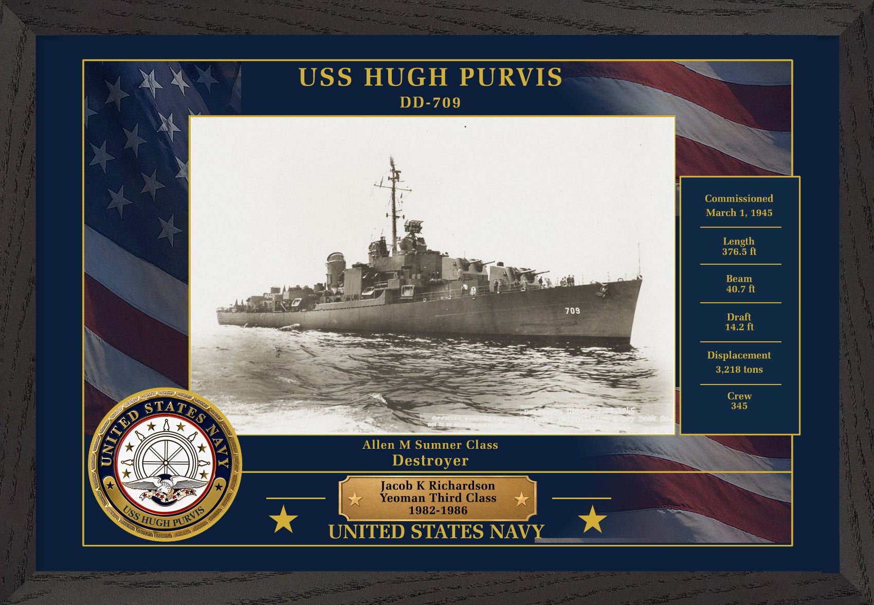USS Hugh Purvis DD-709 Framed Patriotic Photo