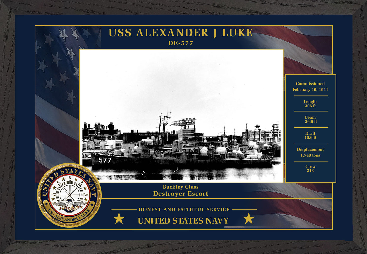 USS Alexander J Luke DE-577 Framed Patriotic Photo
