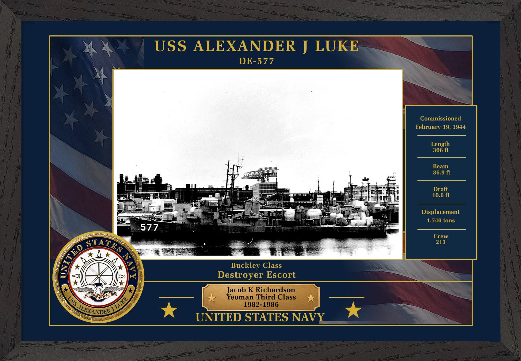 USS Alexander J Luke DE-577 Framed Patriotic Photo