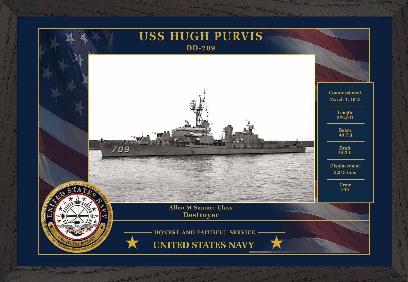 USS Hugh Purvis DD-709 Framed Patriotic Photo