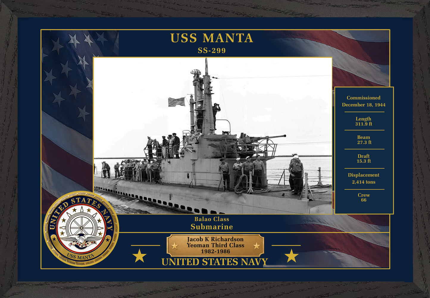 USS Manta SS-299 Framed Patriotic Photo