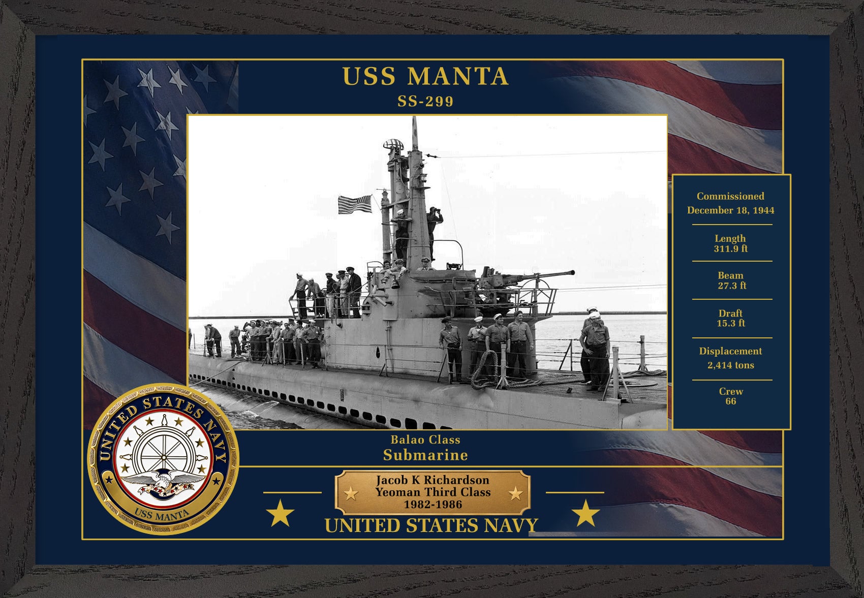 USS Manta SS-299 Framed Patriotic Photo