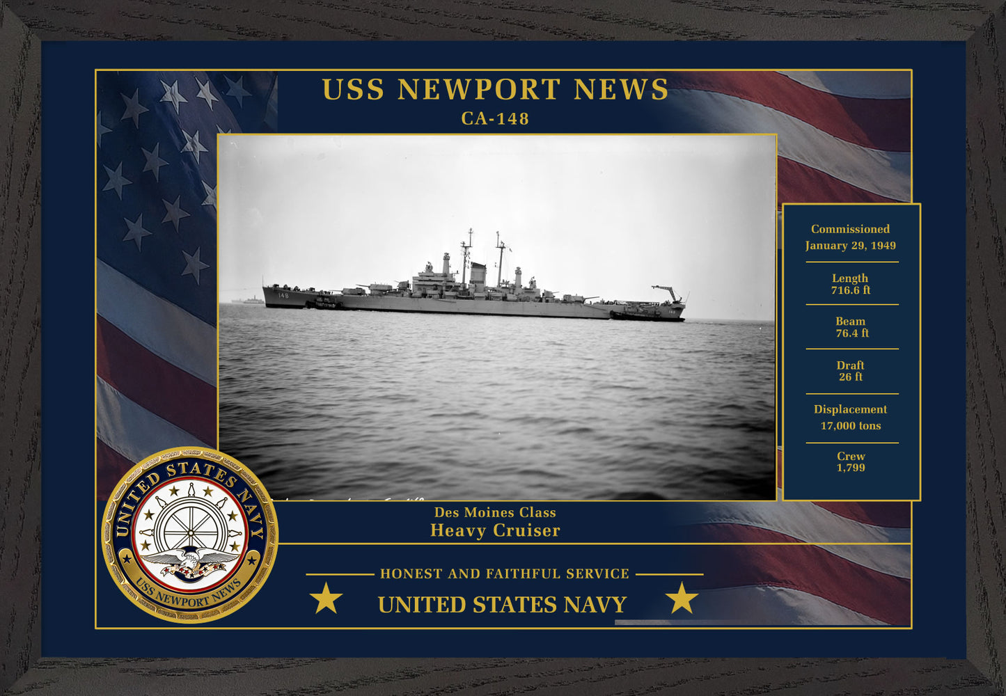 USS Newport News CA-148 Framed Patriotic Photo