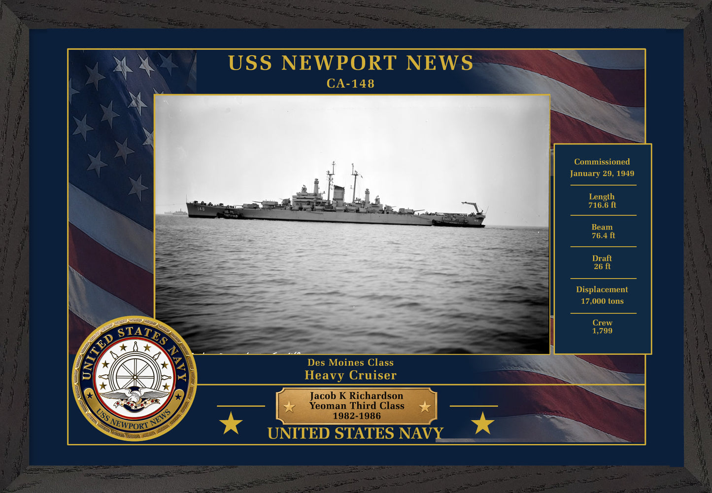 USS Newport News CA-148 Framed Patriotic Photo